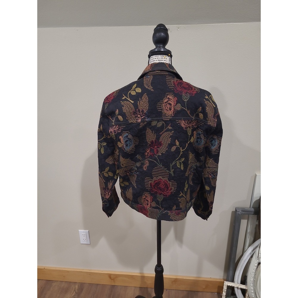 Vtg. Norm Thompson boho black textured floral jean style jacket Women SZ S - Picture 4 of 11